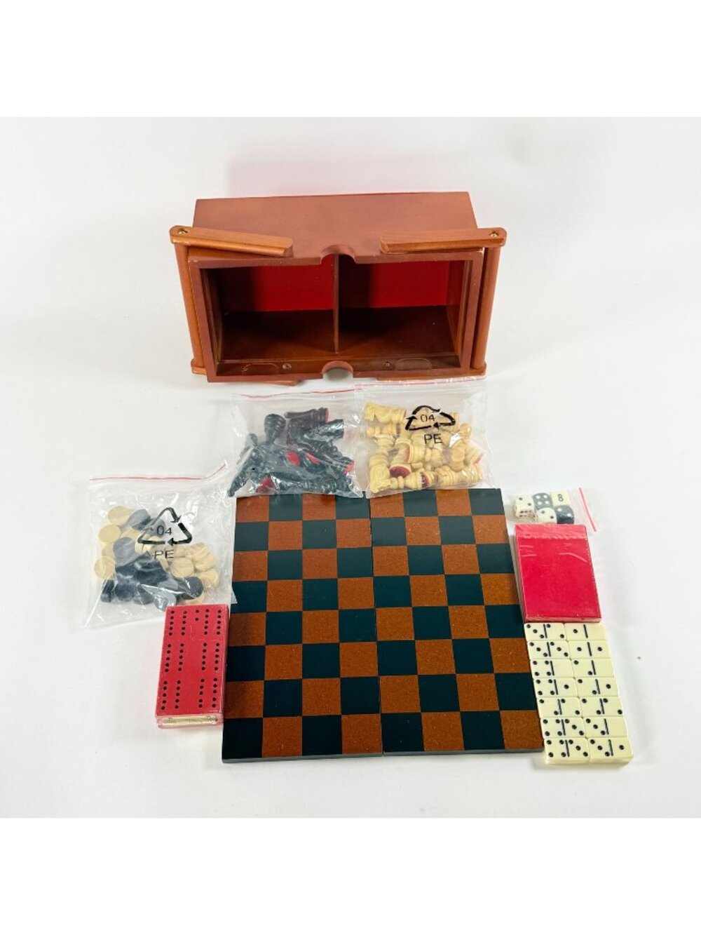 Vintage Wooden 5-in-1 Travel Game Set Chess Checkers Dominoes Backgammon Dice